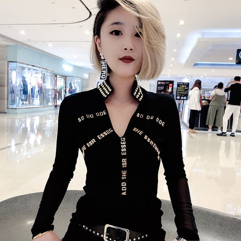 Original Design Mesh Long-sleeved Blouse in Solid Color