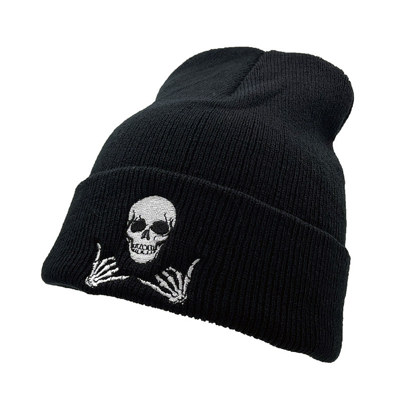 Embroidered Skull Gesture Beanie Hat for Men and Women