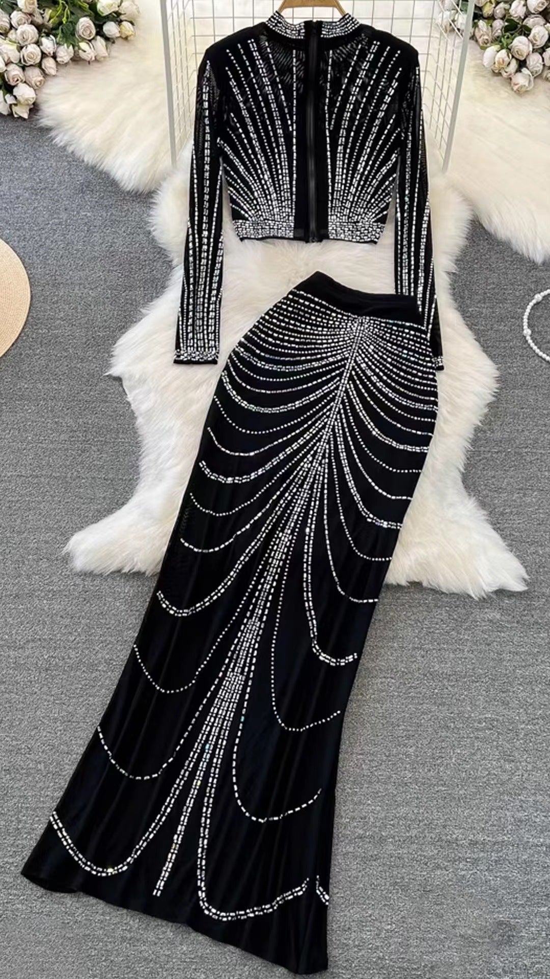 Asymmetric Side Slit Rhinestone Ladies' Skirt