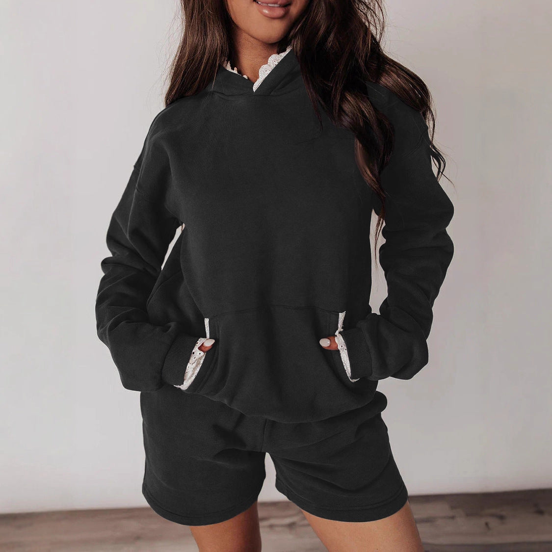 Women's Hoodie And High-waisted Shorts Casual Two-piece Set See size chart under “more details”