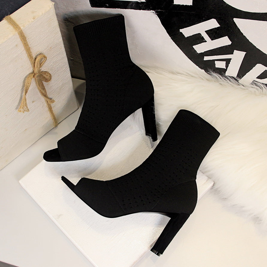 Knitted Ankle Boots with Square Fish Mouth Toe