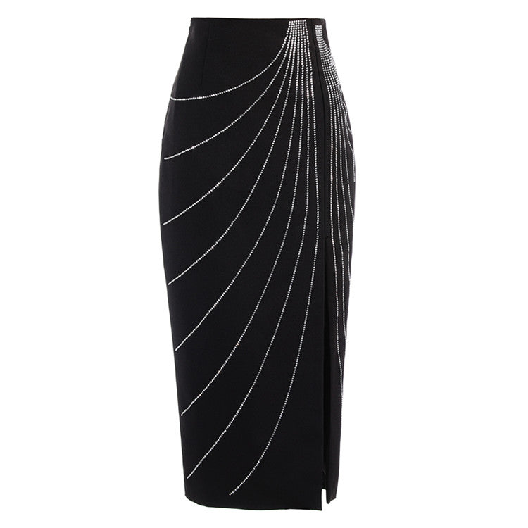 Asymmetric Side Slit Rhinestone Ladies' Skirt