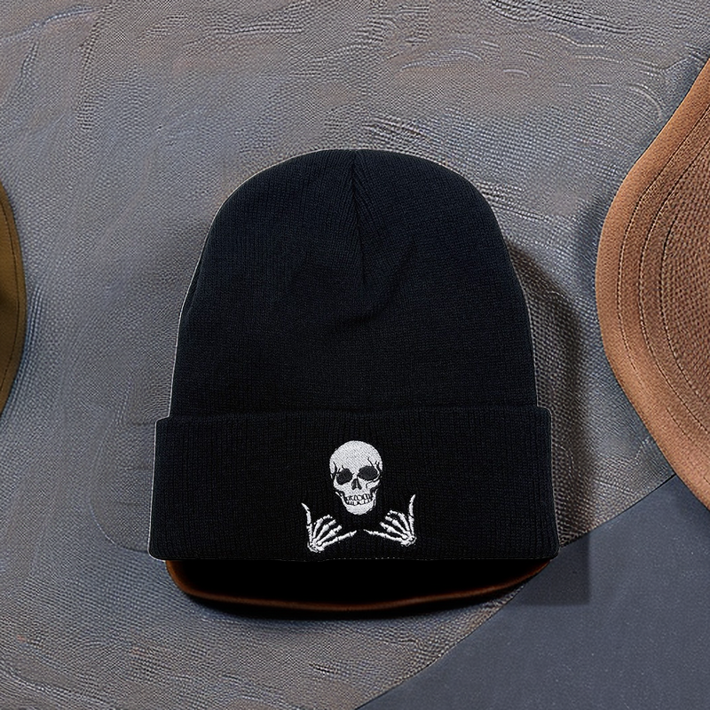 Embroidered Skull Gesture Beanie Hat for Men and Women