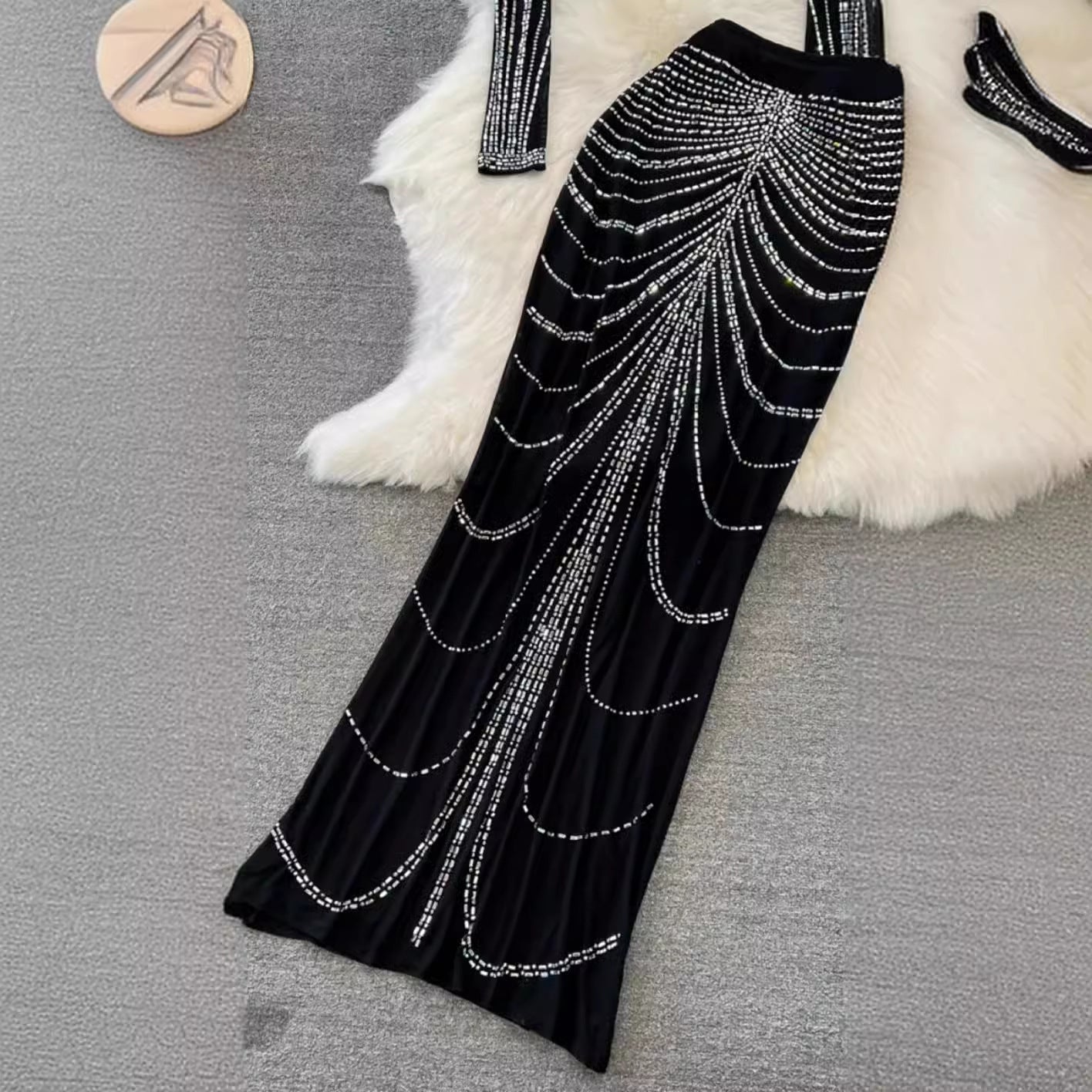 Asymmetric Side Slit Rhinestone Ladies' Skirt