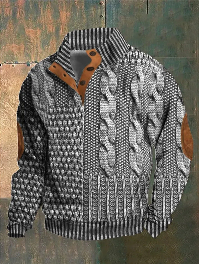 Men's Digital Vintage Printed Stand Collar Sweater