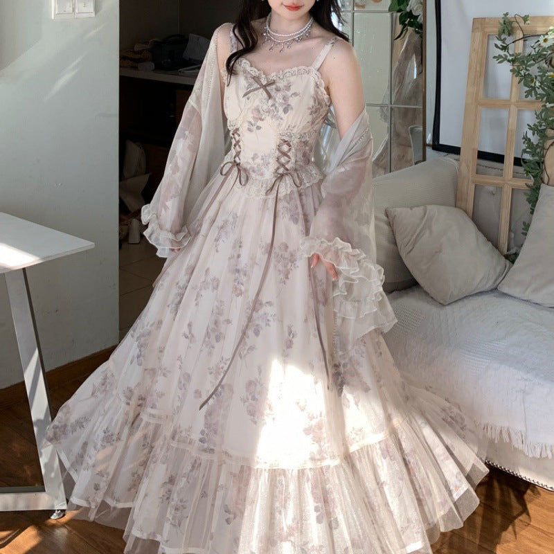 Glossy Lace Summer Sling Dress with Cardigan Outer Wear