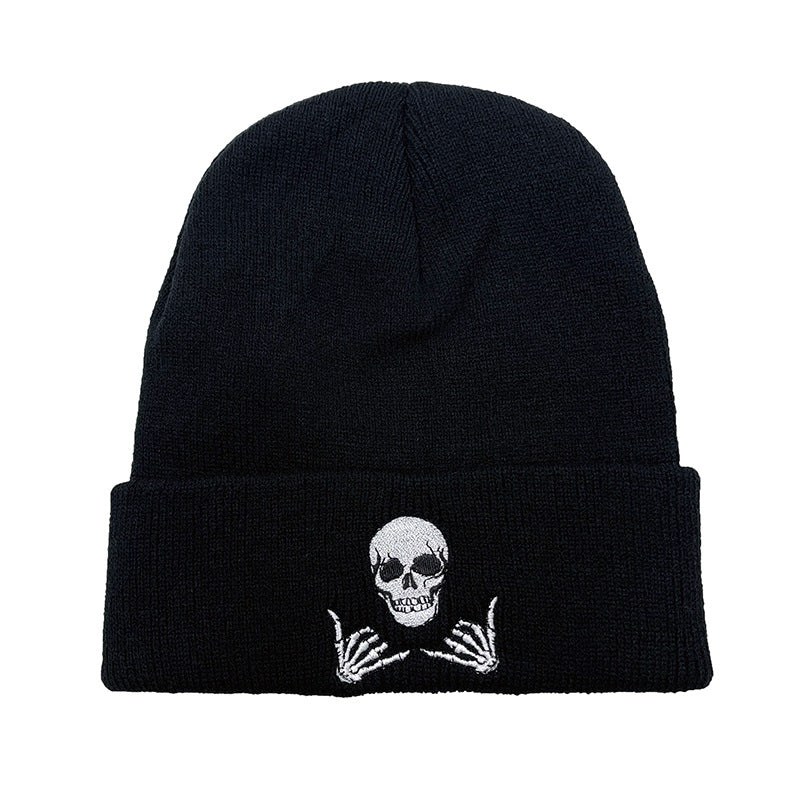 Embroidered Skull Gesture Beanie Hat for Men and Women