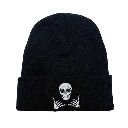 Embroidered Skull Gesture Beanie Hat for Men and Women