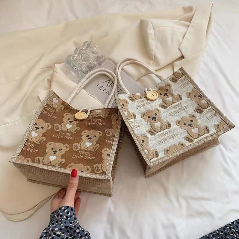 Cute Bear Canvas Tote Bag for Women and Students