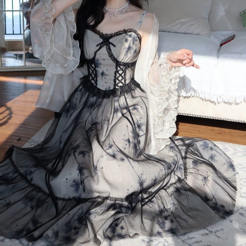Glossy Lace Summer Sling Dress with Cardigan Outer Wear
