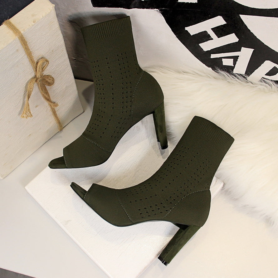 Knitted Ankle Boots with Square Fish Mouth Toe