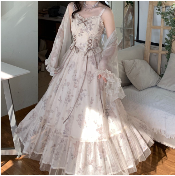 Glossy Lace Summer Sling Dress with Cardigan Outer Wear