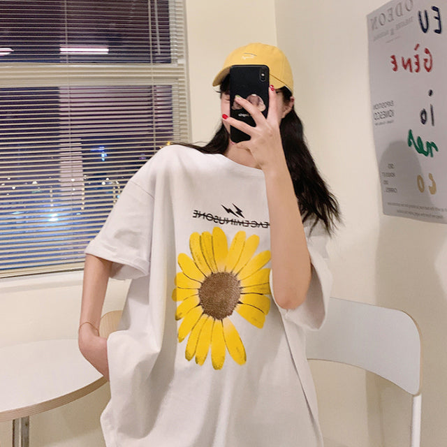 Women's Hipster Summer T-Shirt with Sunflower Print