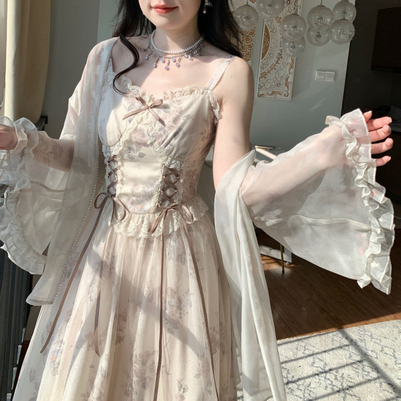Glossy Lace Summer Sling Dress with Cardigan Outer Wear