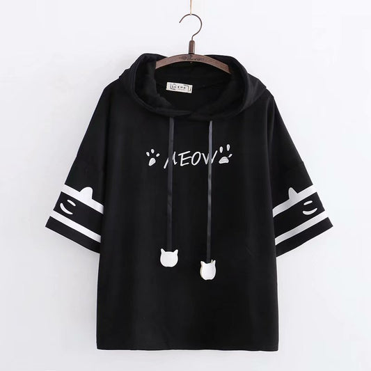 Harajuku Style Cat Paw Embroidery Hooded T-Shirt