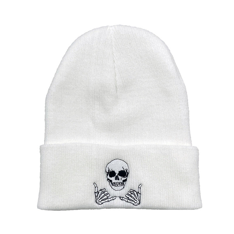 Embroidered Skull Gesture Beanie Hat for Men and Women